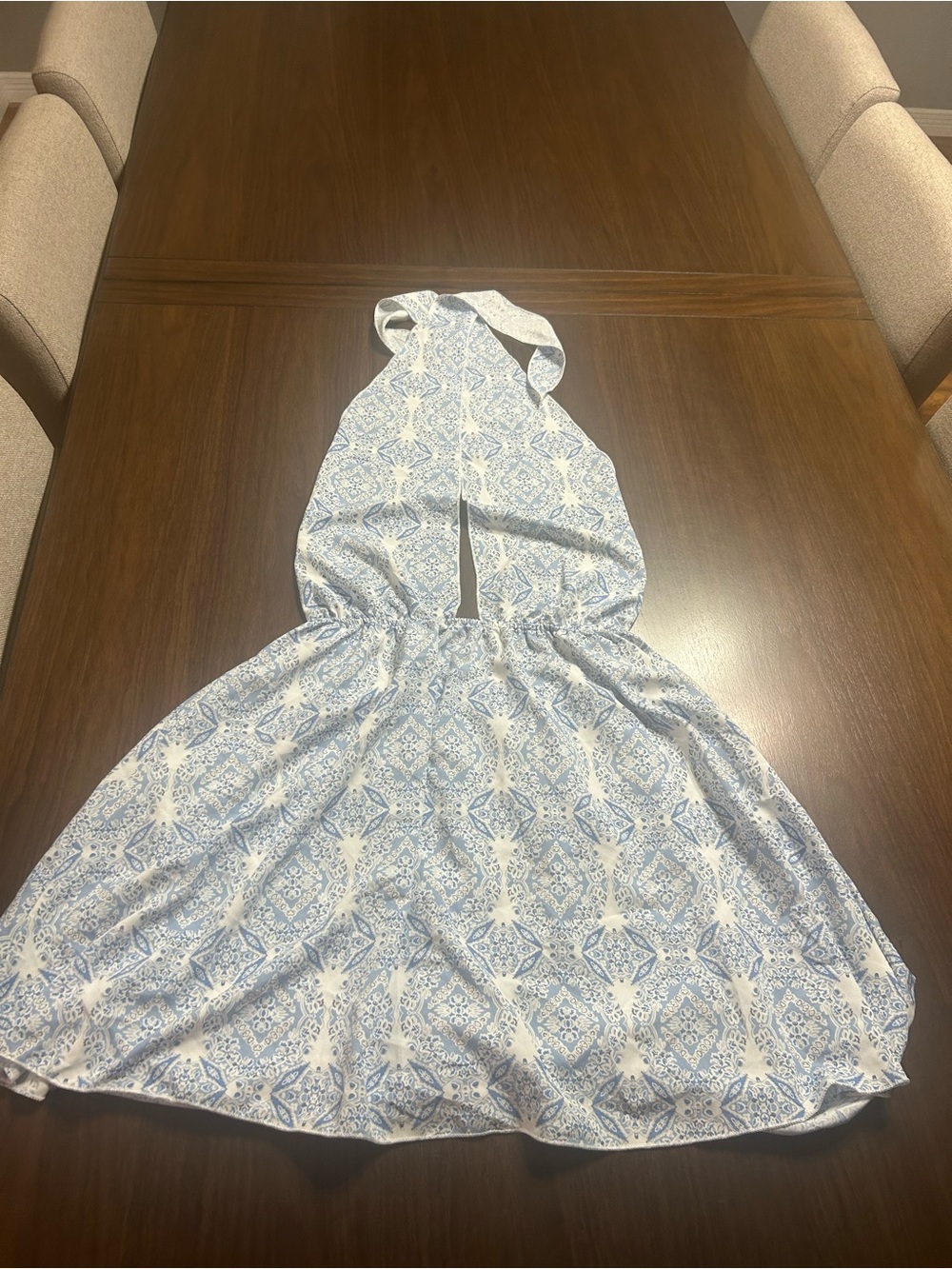 Blue & White Printed Halter Dress
